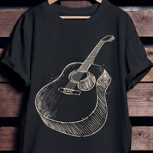 Vintage Hand - Drawn Acoustic Guitar Sketch T-Shirt - The Music Frontiers
