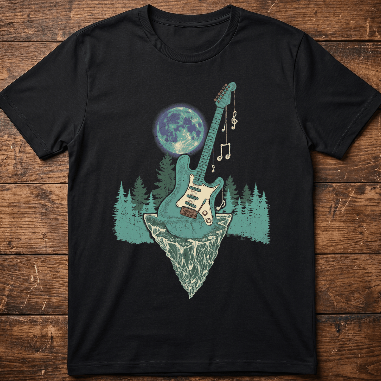 Vintage Surreal Floating Island Electric Guitar Full Moon T-Shirt - The Music Frontiers