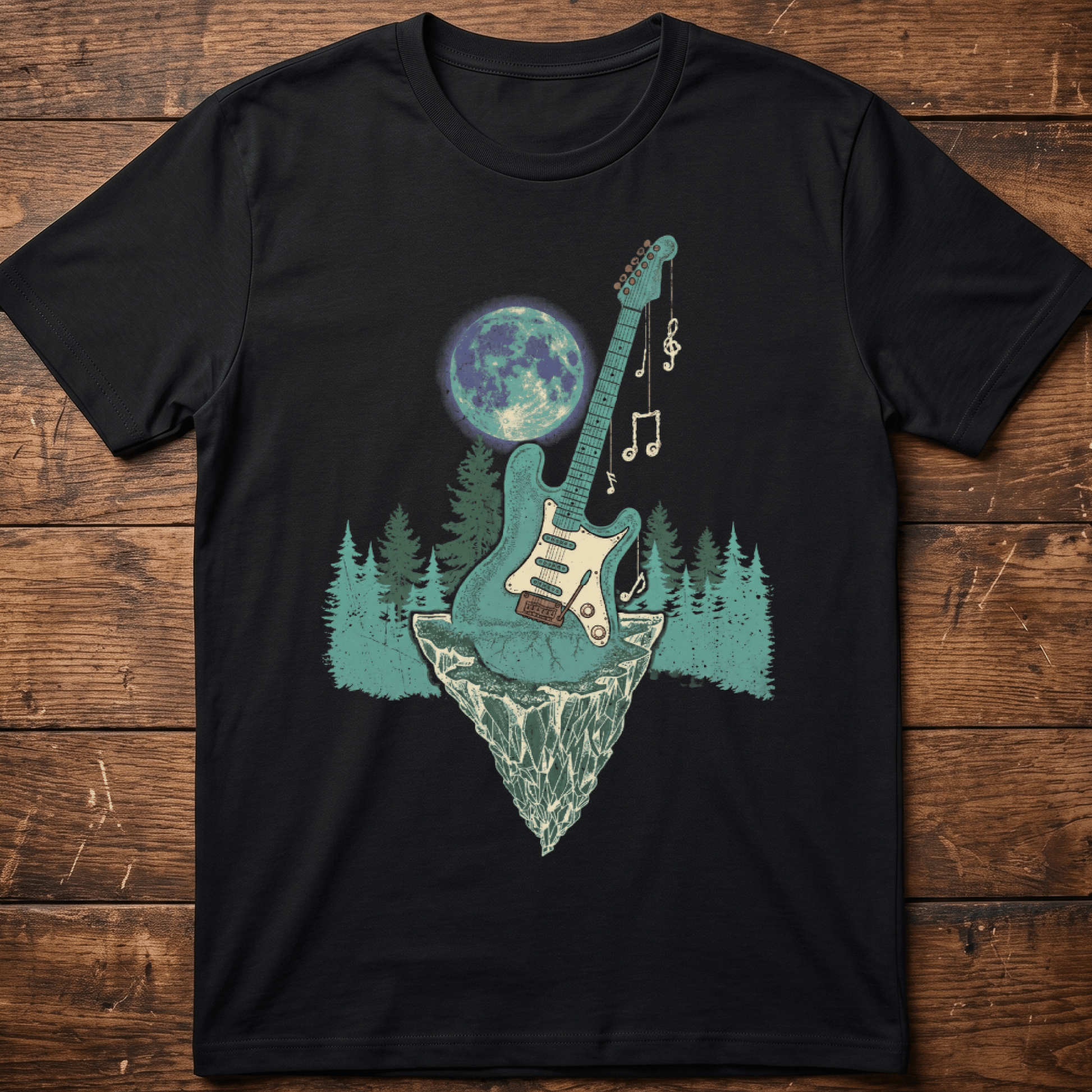Vintage Surreal Floating Island Electric Guitar Full Moon T-Shirt - The Music Frontiers