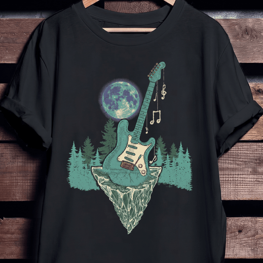 Vintage Surreal Floating Island Electric Guitar Full Moon T-Shirt - The Music Frontiers