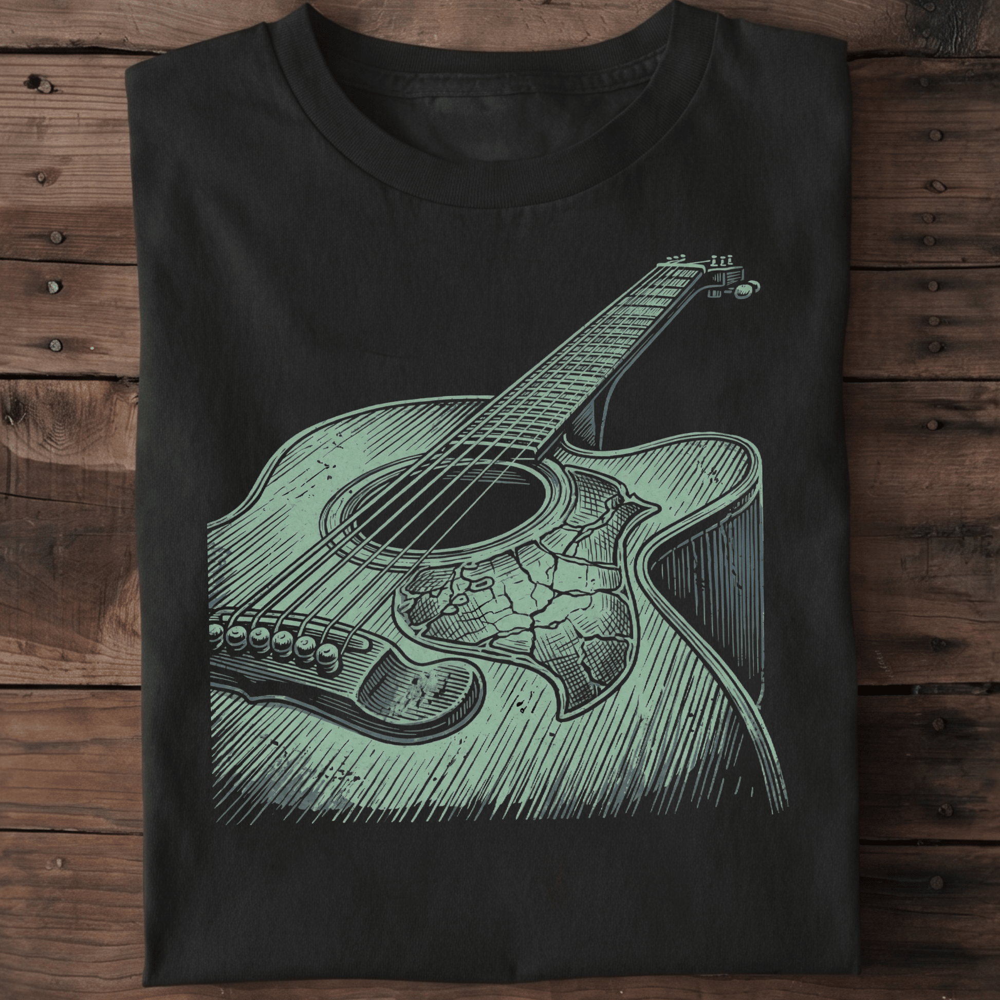 Vintage Woodcut Acoustic Guitar T-shirt - Retro Engraved Music Tee - The Music Frontiers