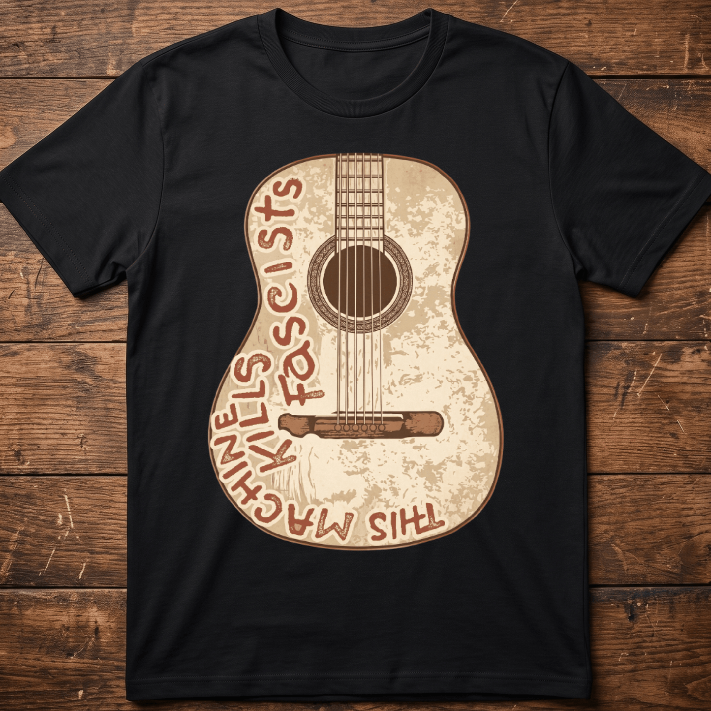 Vintage Woody Guthrie This Machine Kills Fascists Guitar T-Shirt - The Music Frontiers