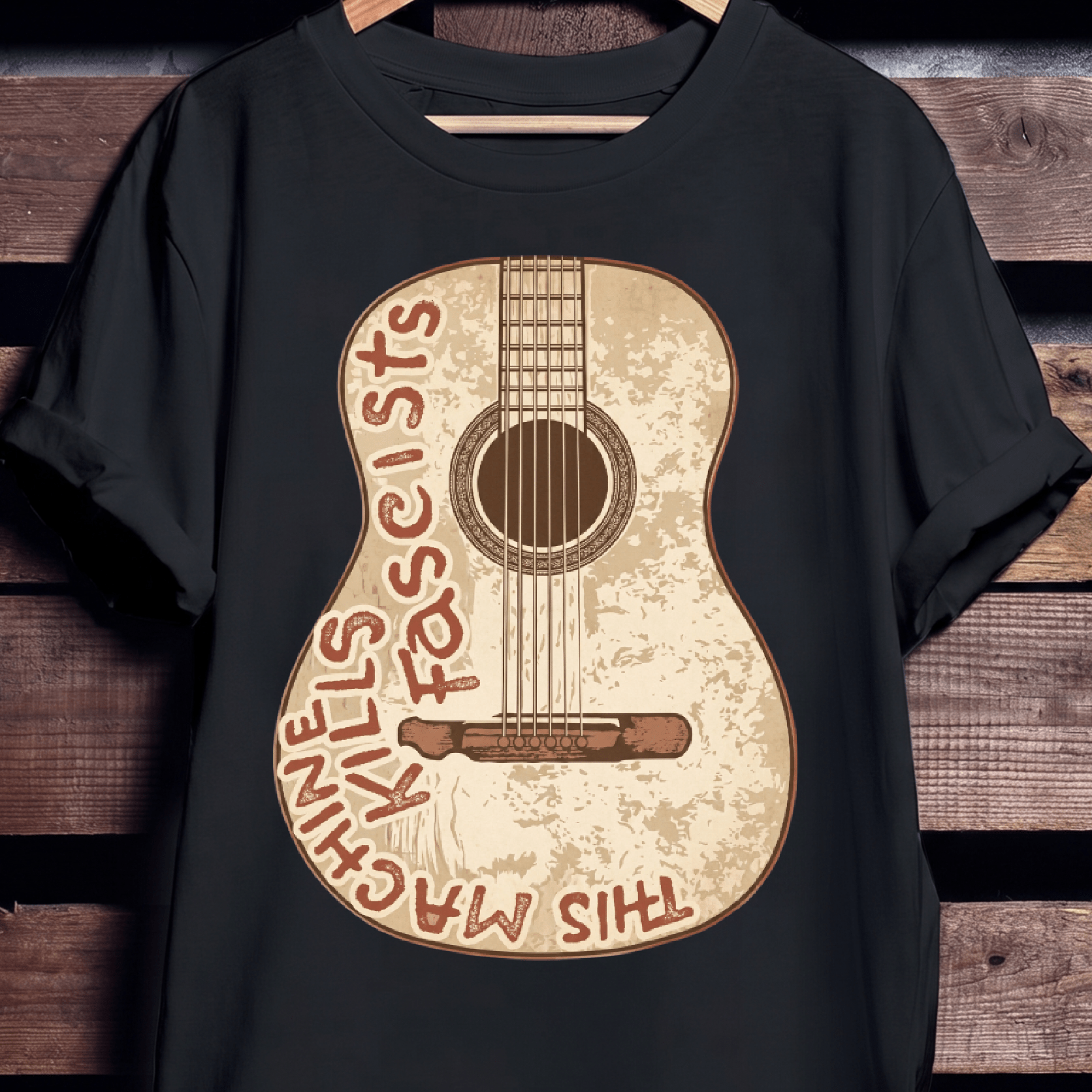 Vintage Woody Guthrie This Machine Kills Fascists Guitar T-Shirt - The Music Frontiers