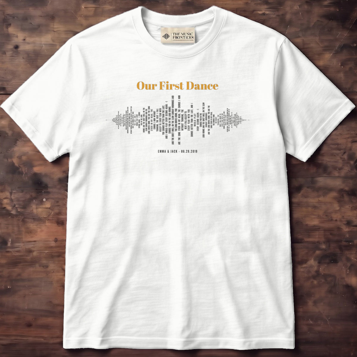 White Comfort Colors t-shirt with the personalized Sound Wave Lyrics design