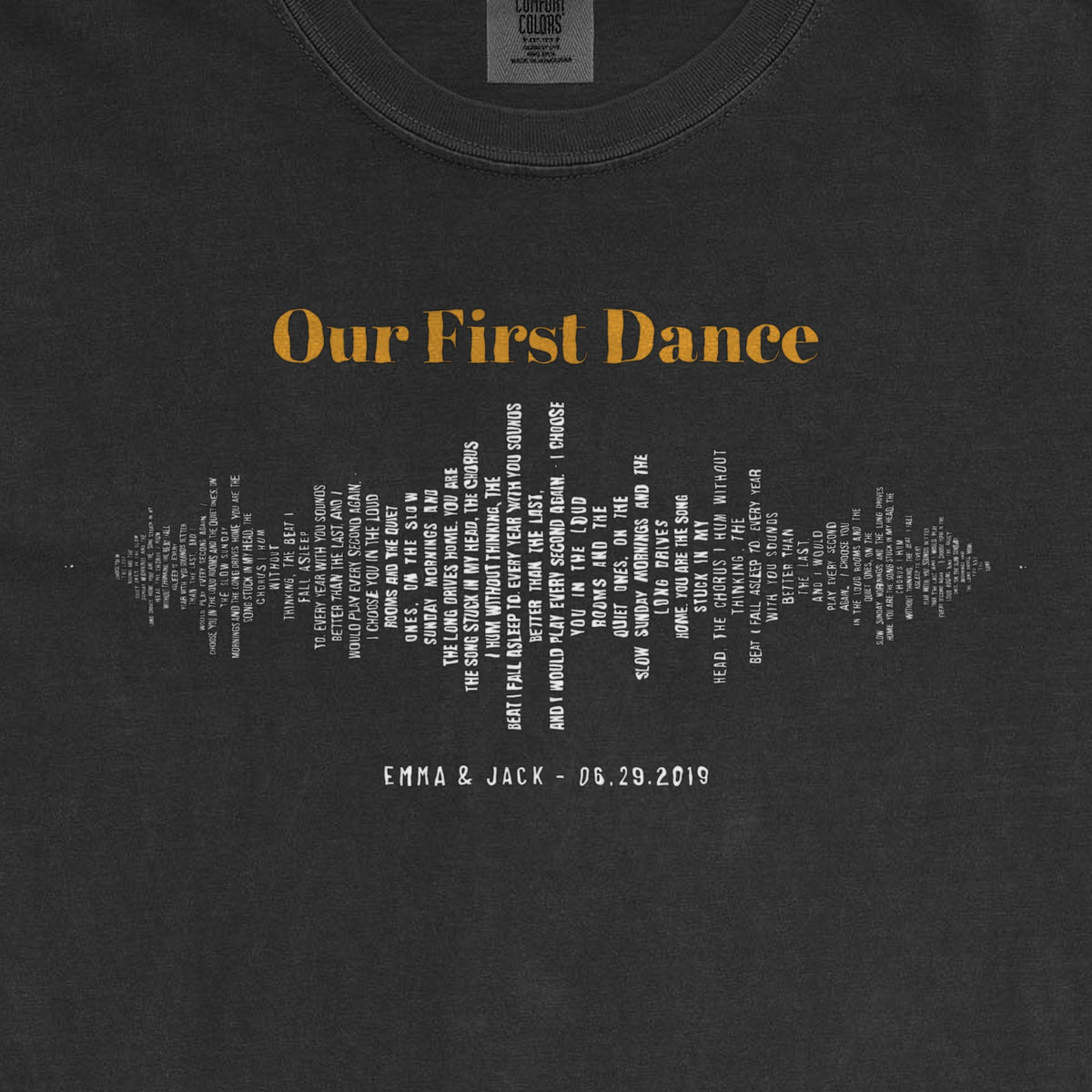 Custom Sound Wave Lyrics – Your Song Words as a Sound Wave - close-up of the print on the black shirt