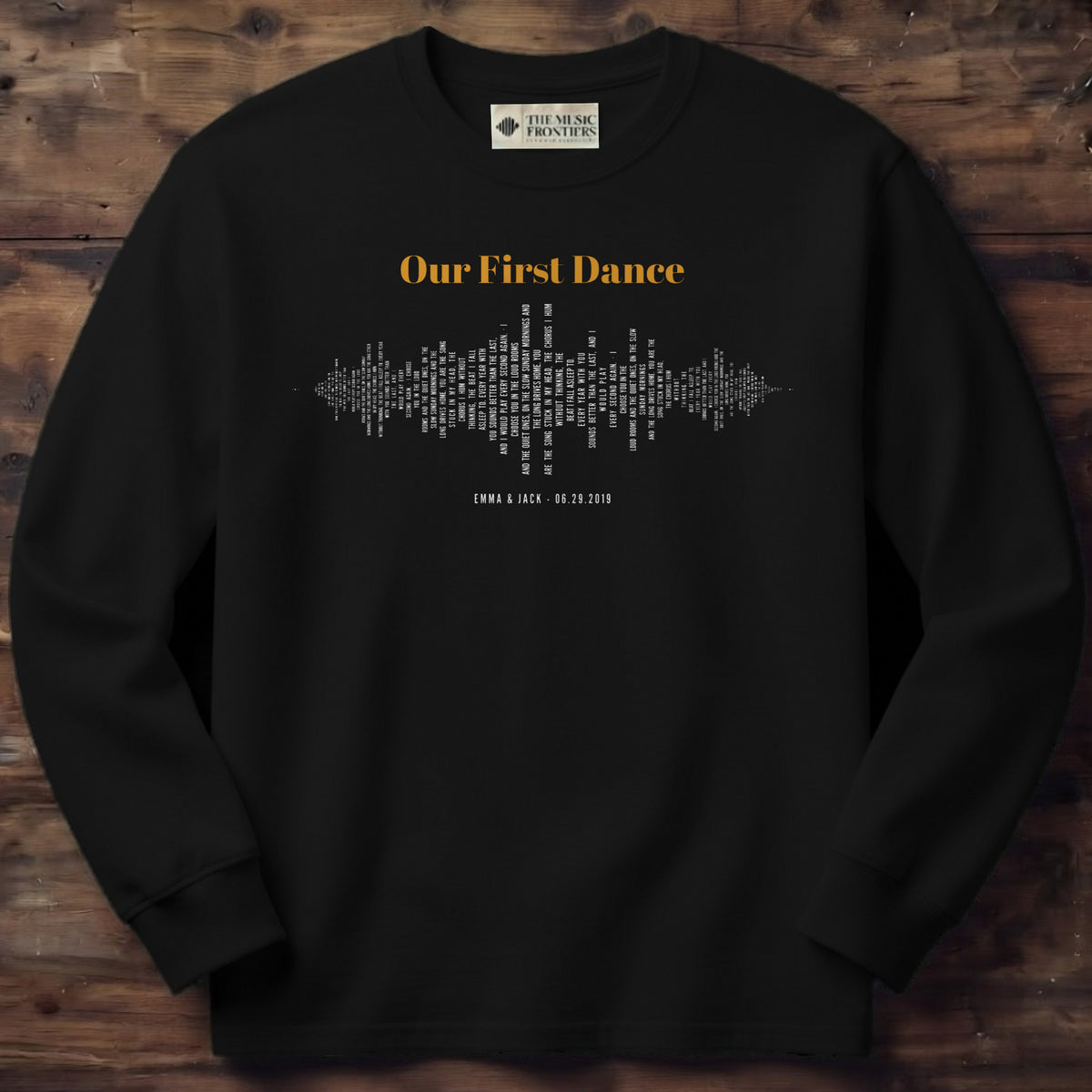 Black long sleeve shirt with the personalized Sound Wave Lyrics design
