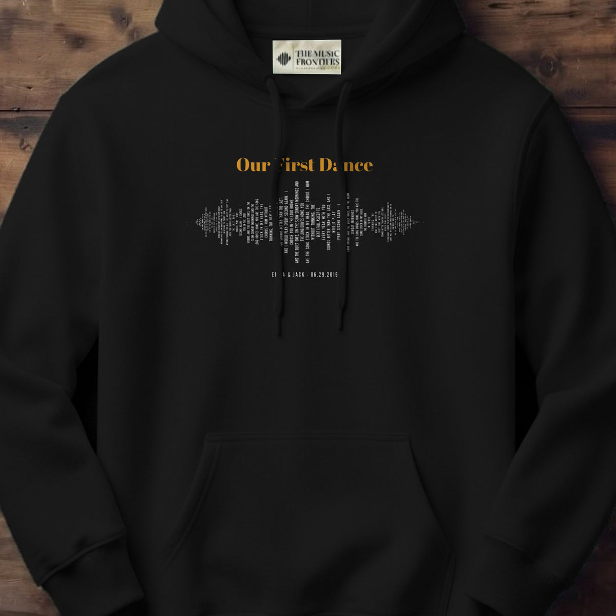 Black hoodie with the personalized Sound Wave Lyrics design
