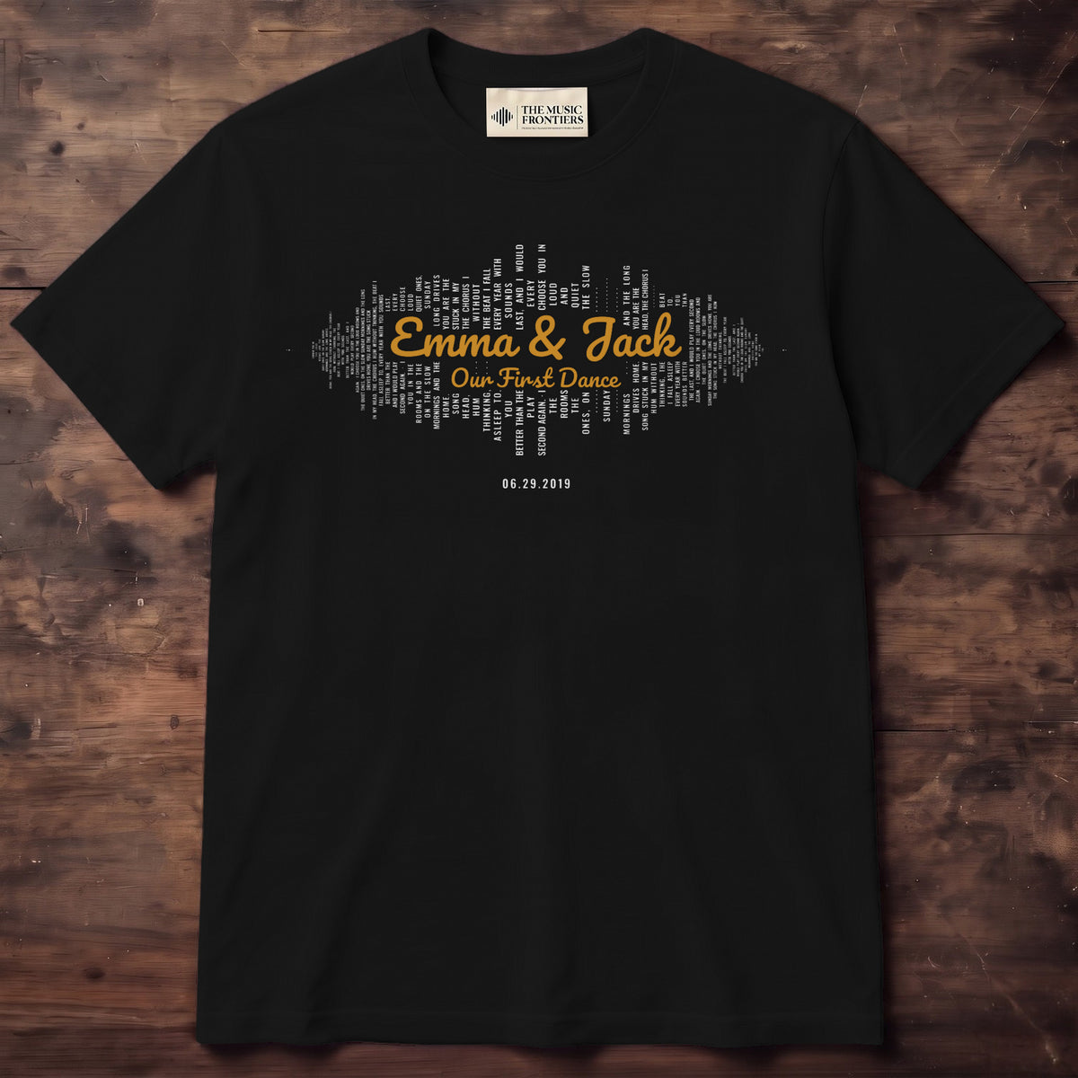 Black t-shirt with the personalized Sound Wave with Your Names design