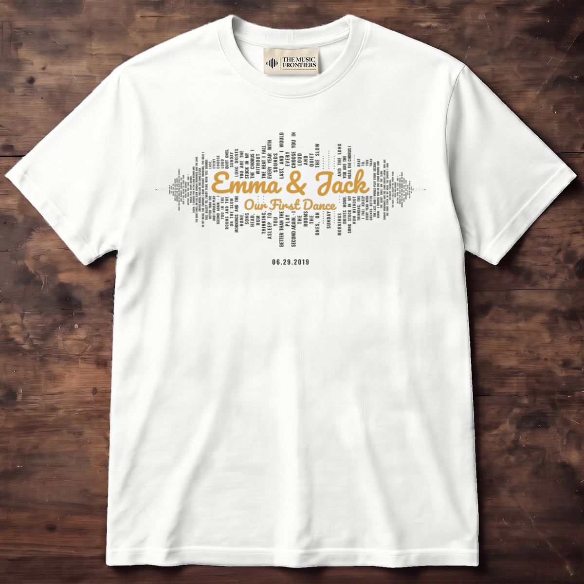 White t-shirt with the personalized Sound Wave with Your Names design
