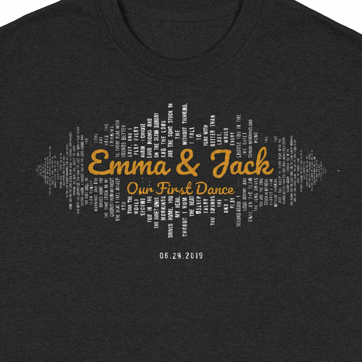 Custom Sound Wave with Your Names – Couple Song Words Art - close-up of the print on the black shirt
