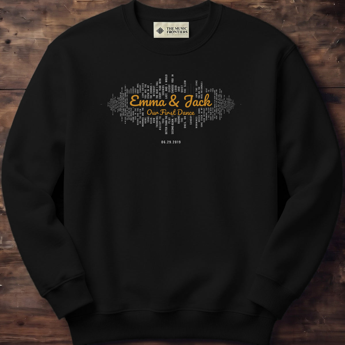 Black sweatshirt with the personalized Sound Wave with Your Names design