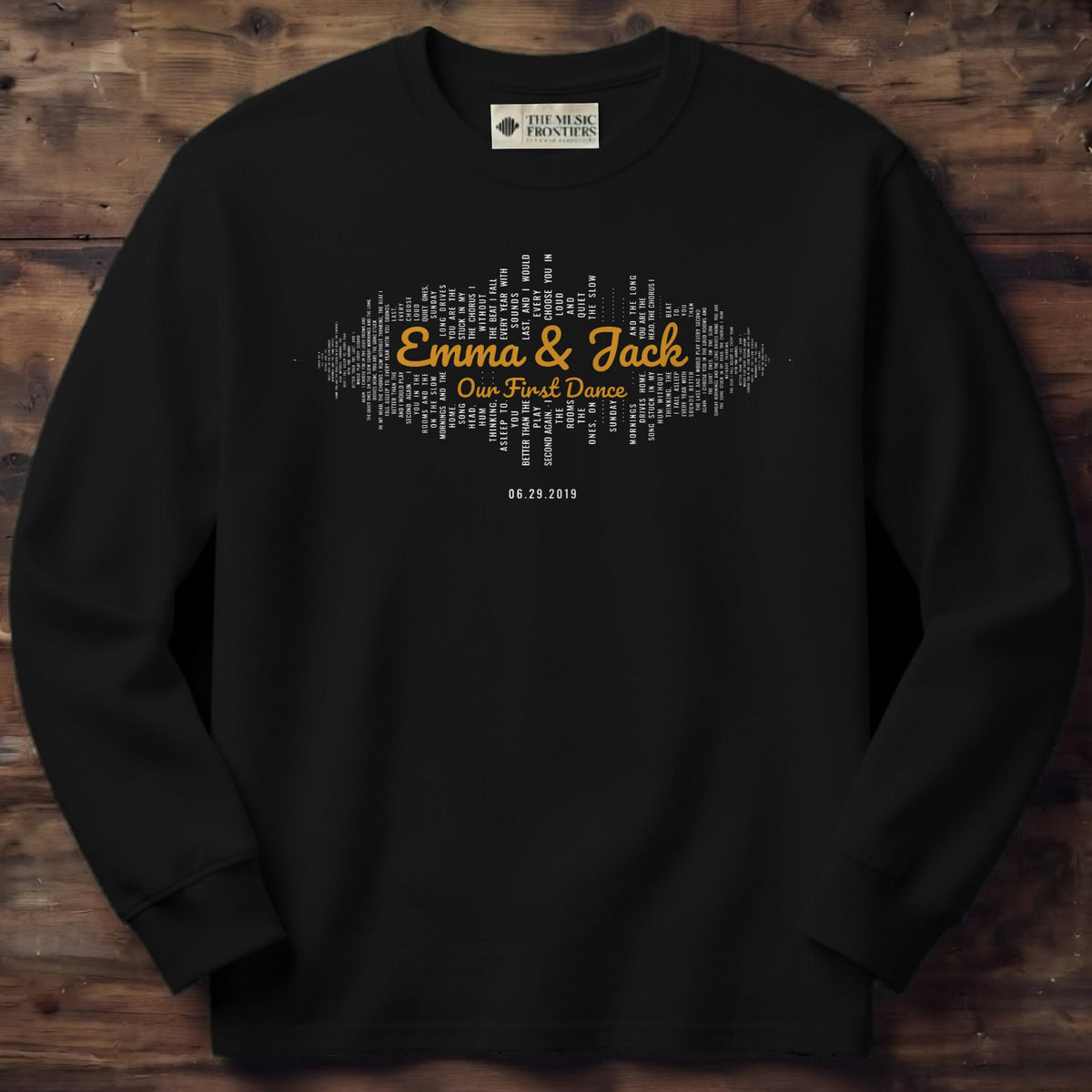 Black long sleeve shirt with the personalized Sound Wave with Your Names design