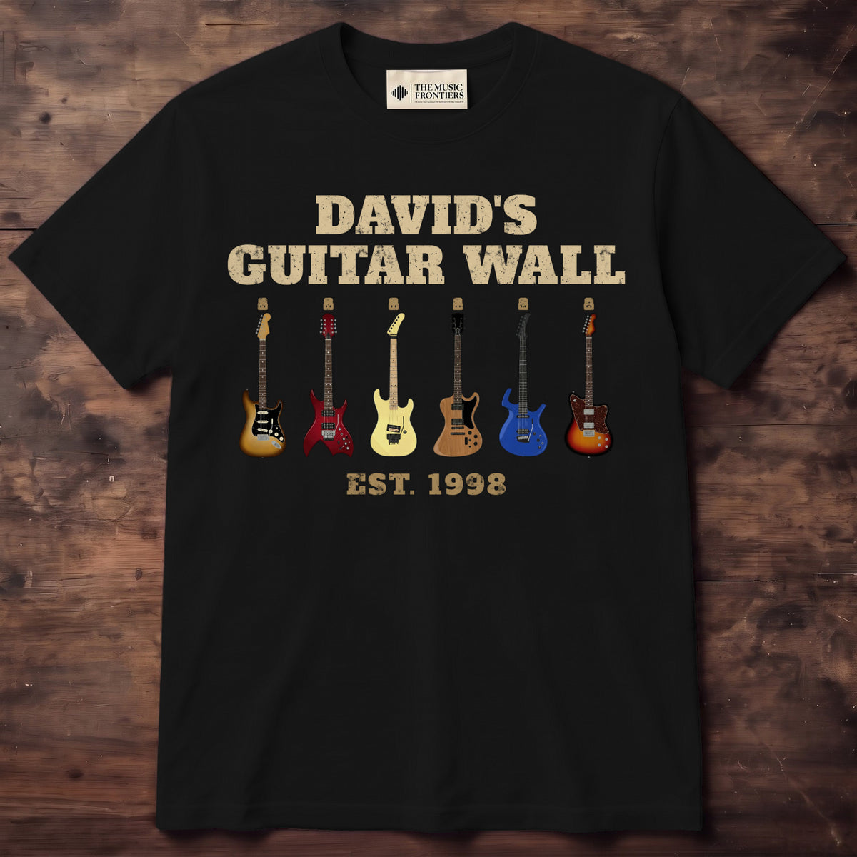 Black t-shirt with the personalized Guitar Wall with Name and Guitars design