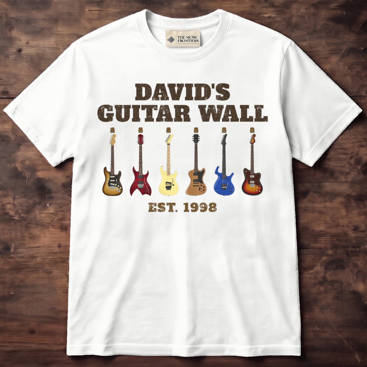 White t-shirt with the personalized Guitar Wall with Name and Guitars design