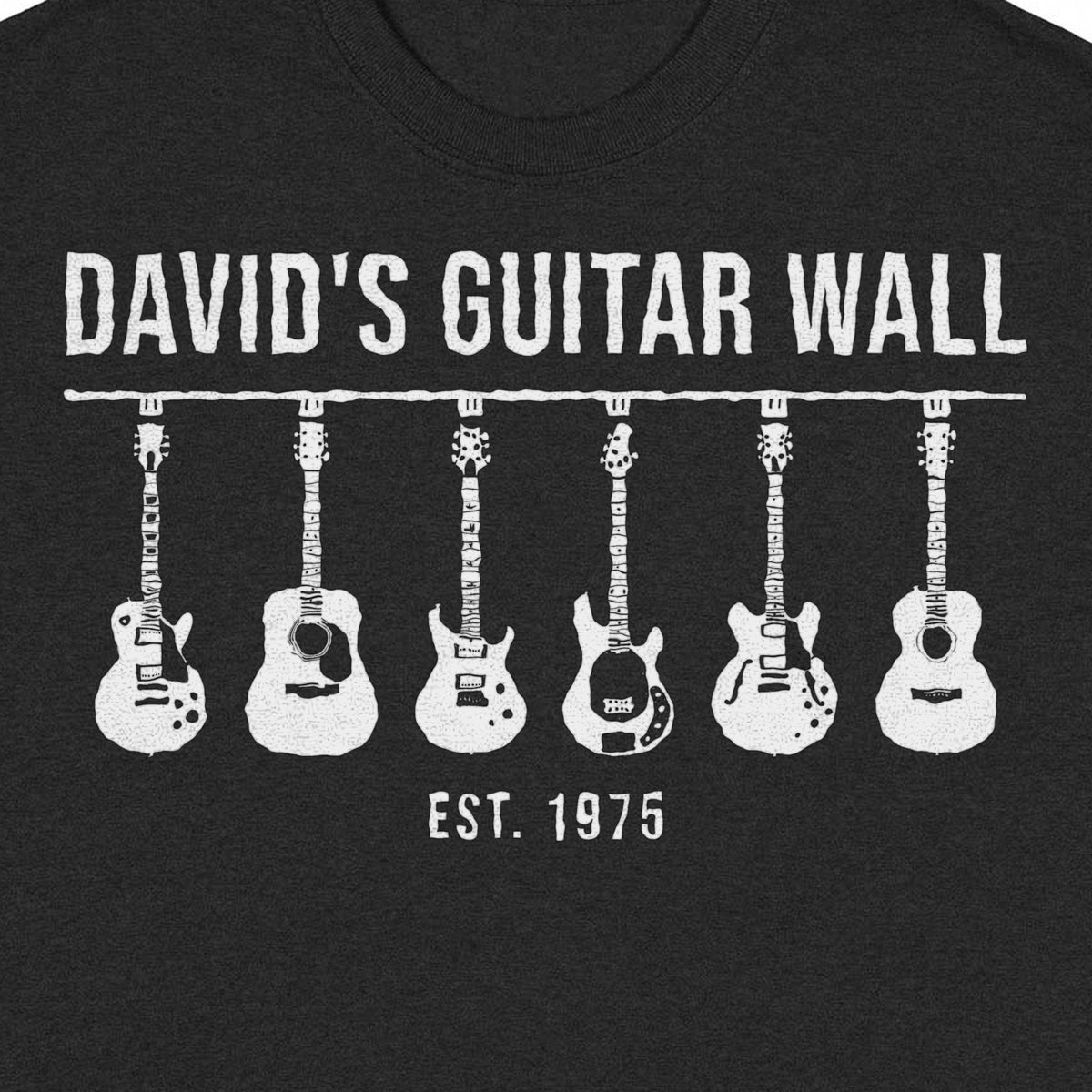 Personalized Guitar Wall Shirt with Custom Name and Guitars - close-up of the print on the black shirt