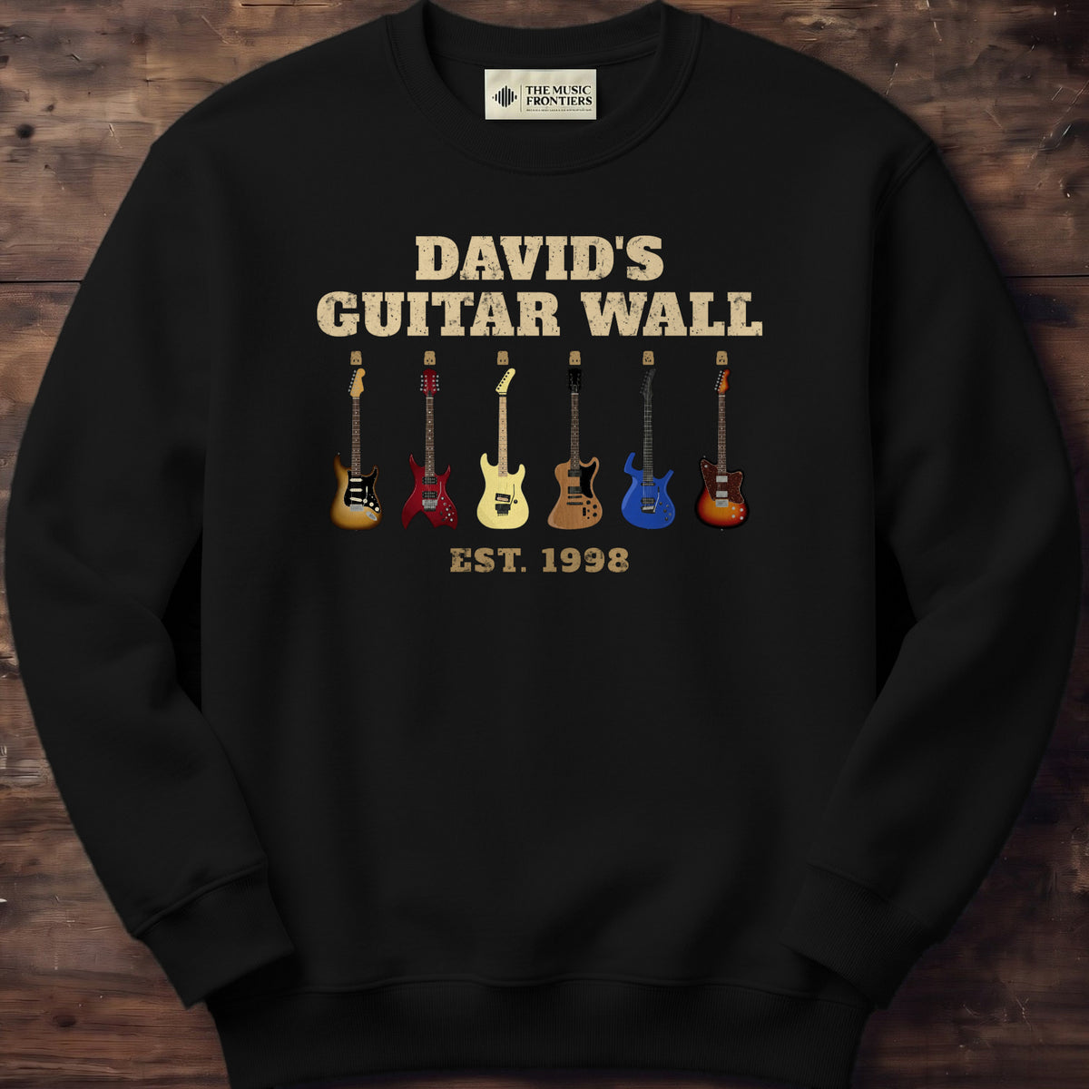 Black sweatshirt with the personalized Guitar Wall with Name and Guitars design