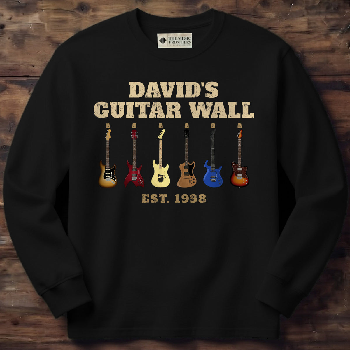 Black long sleeve shirt with the personalized Guitar Wall with Name and Guitars design