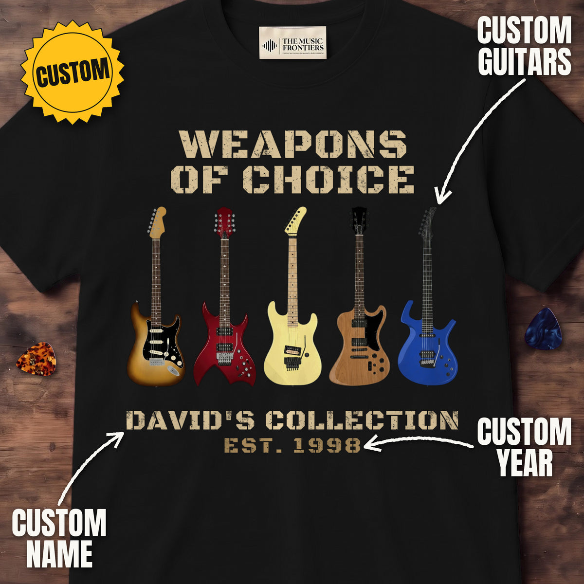Black t-shirt with the personalized Weapons of Choice Guitar Collection for Dad design, custom guitars, name and year labeled