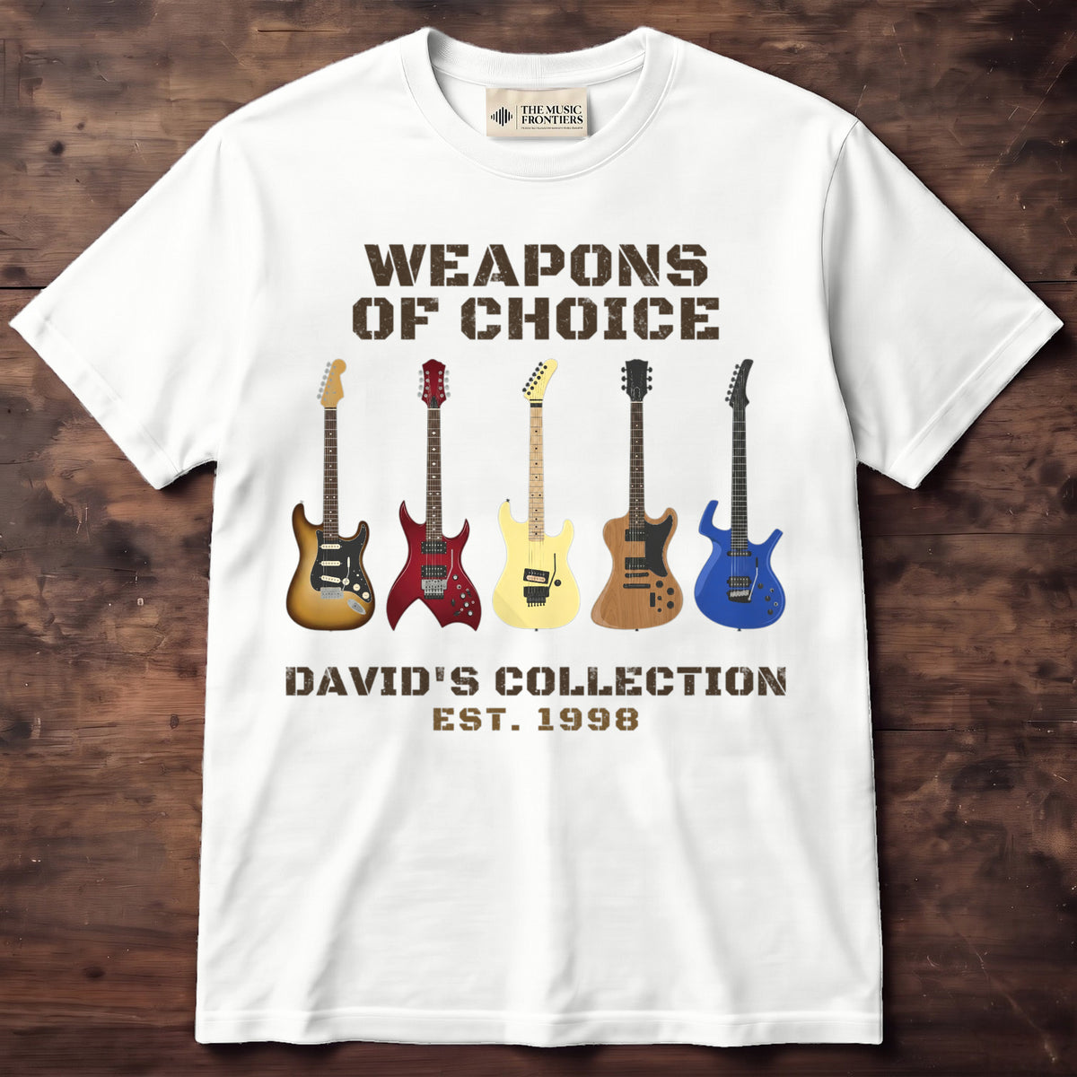 White t-shirt with the personalized Weapons of Choice Guitar Collection for Dad design