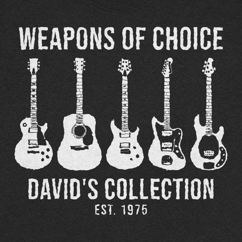 Weapons of Choice Personalized Guitar Collection Shirt for Dad - Close-up of the print on the black shirt