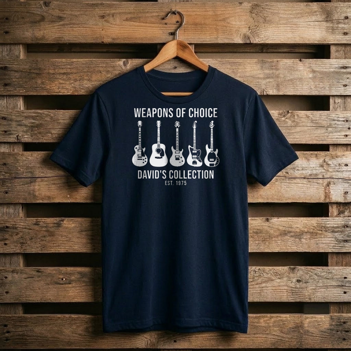 Weapons of Choice Personalized Guitar Collection Shirt for Dad - navy T-shirt on a hanger