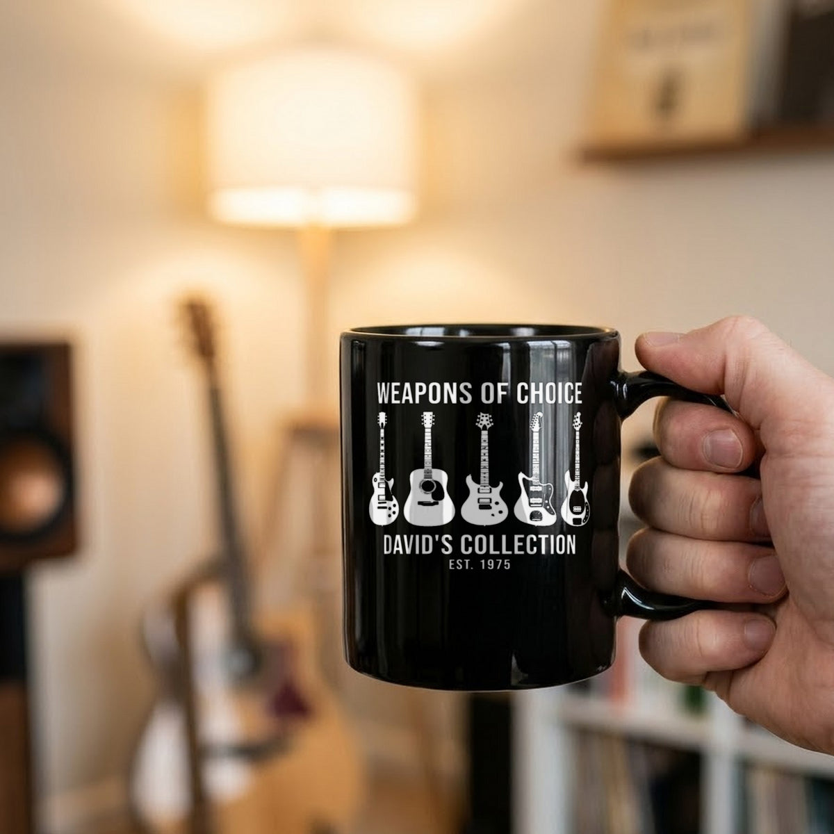 Weapons of Choice Personalized Guitar Collection Shirt for Dad - matching black mug