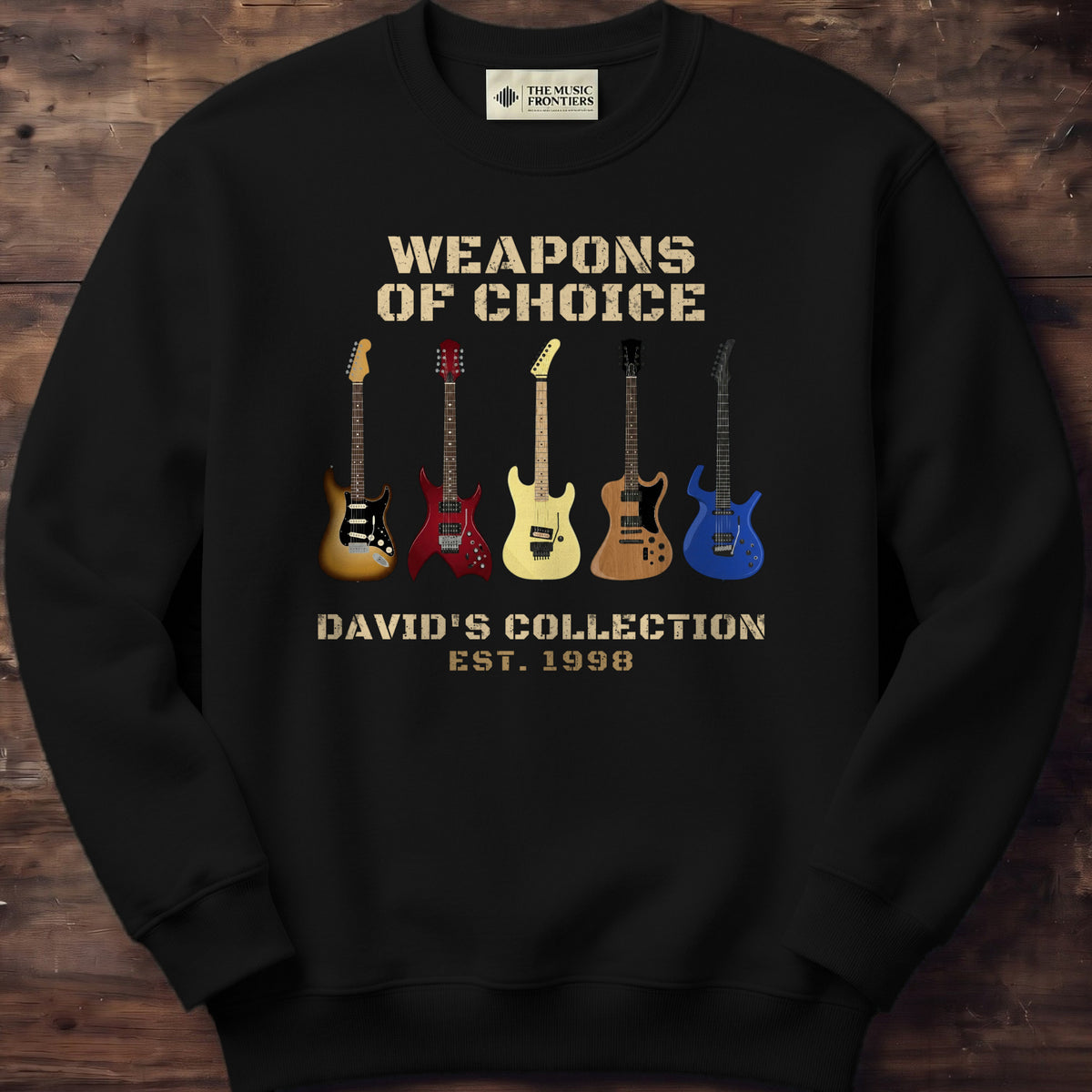 Black sweatshirt with the personalized Weapons of Choice Guitar Collection for Dad design