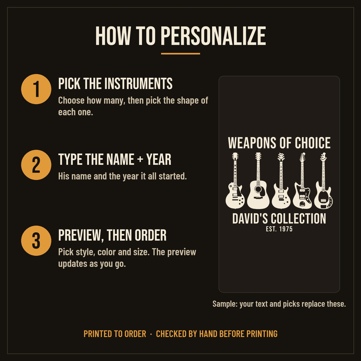 Weapons of Choice Personalized Guitar Collection Shirt for Dad - how to personalize in 3 steps