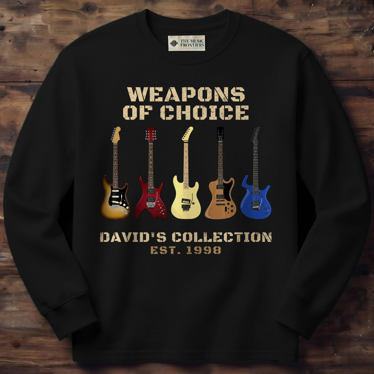Black long sleeve shirt with the personalized Weapons of Choice Guitar Collection for Dad design