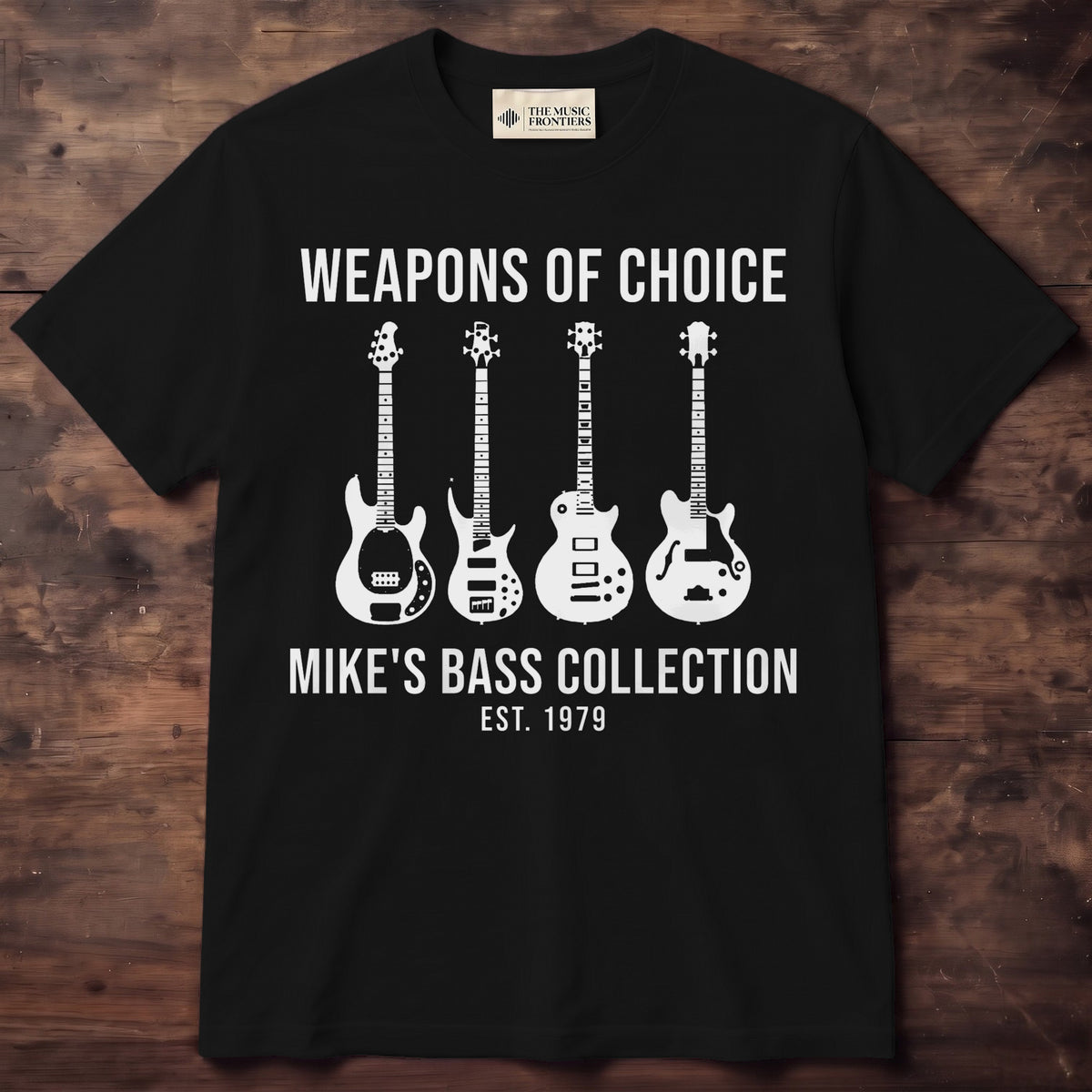 Weapons of Choice Personalized Bass Guitar Collection Shirt - Black Unisex Standard T-Shirt, front