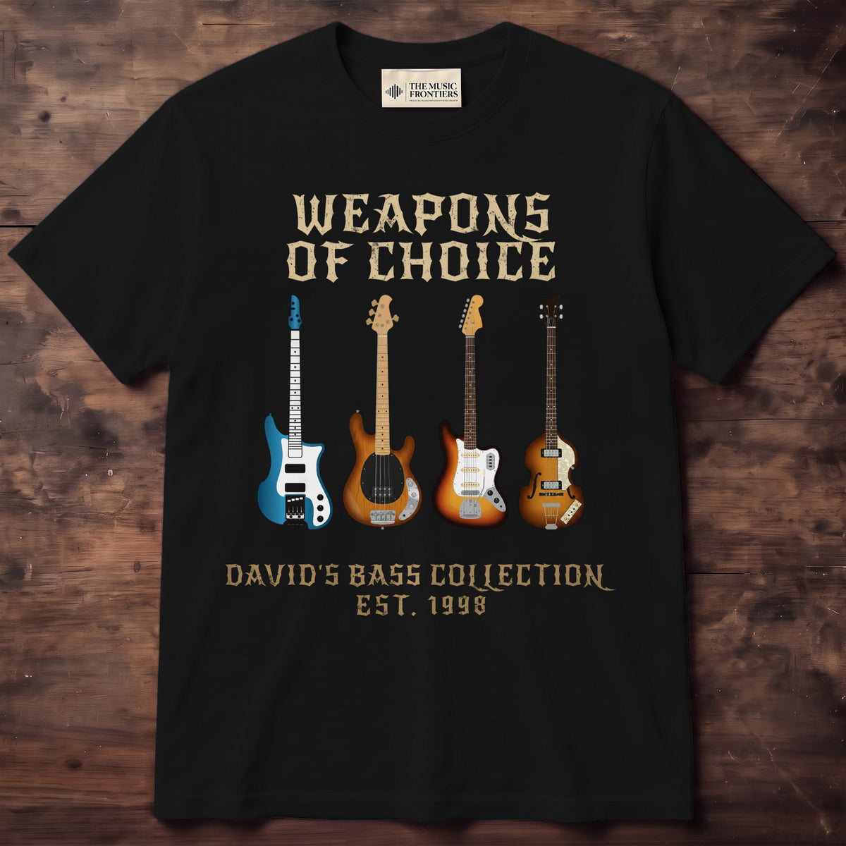 Black t-shirt with the personalized Weapons of Choice Bass Guitar Collection design