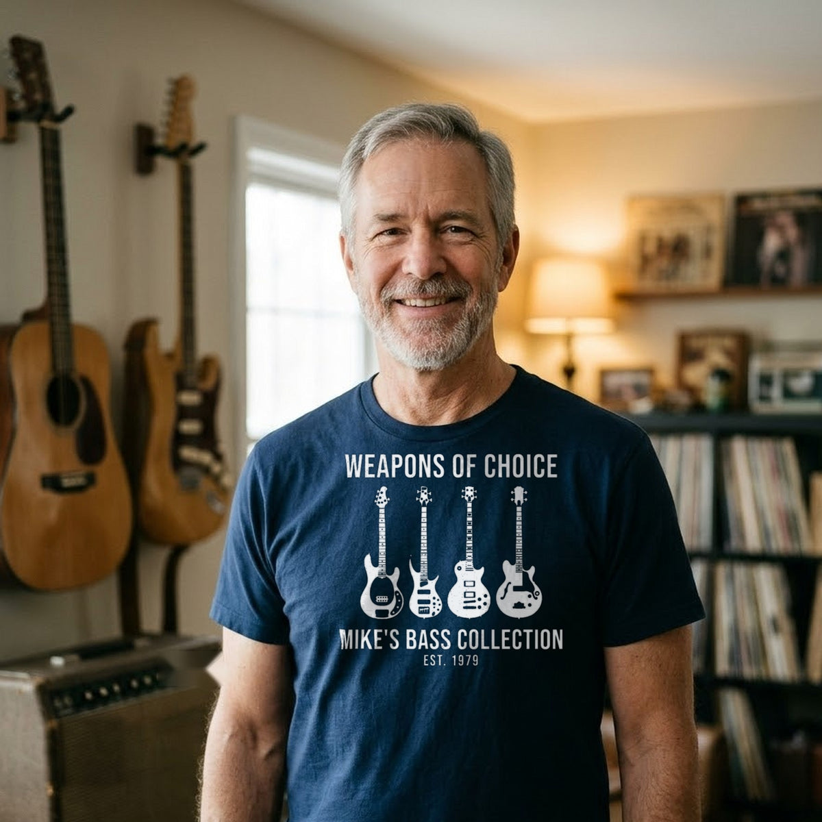 Weapons of Choice Personalized Bass Guitar Collection Shirt - man wearing the navy T-shirt