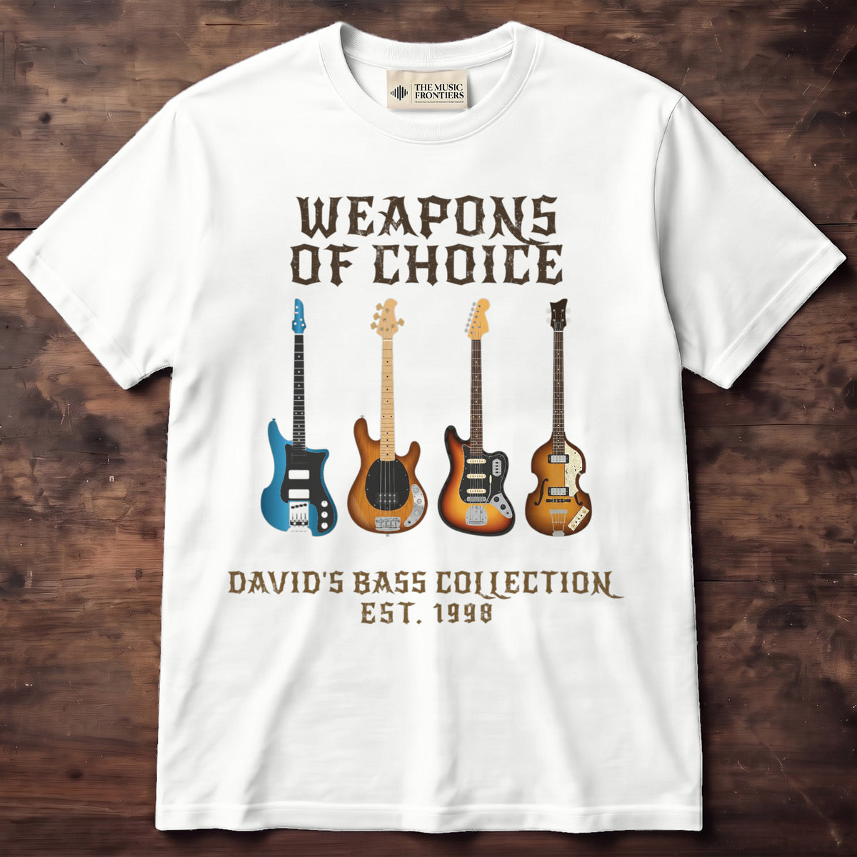 White t-shirt with the personalized Weapons of Choice Bass Guitar Collection design