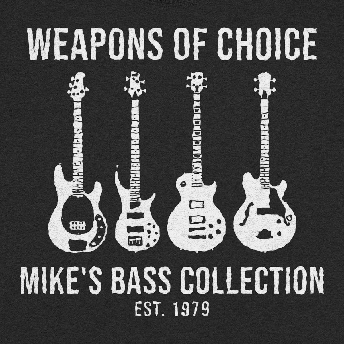 Weapons of Choice Personalized Bass Guitar Collection Shirt - Close-up of the print on the black shirt