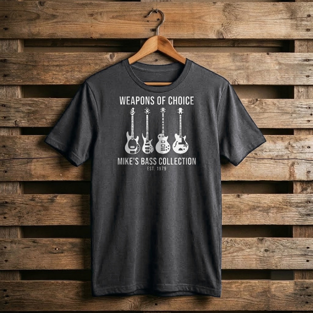 Weapons of Choice Personalized Bass Guitar Collection Shirt - charcoal T-shirt on a hanger