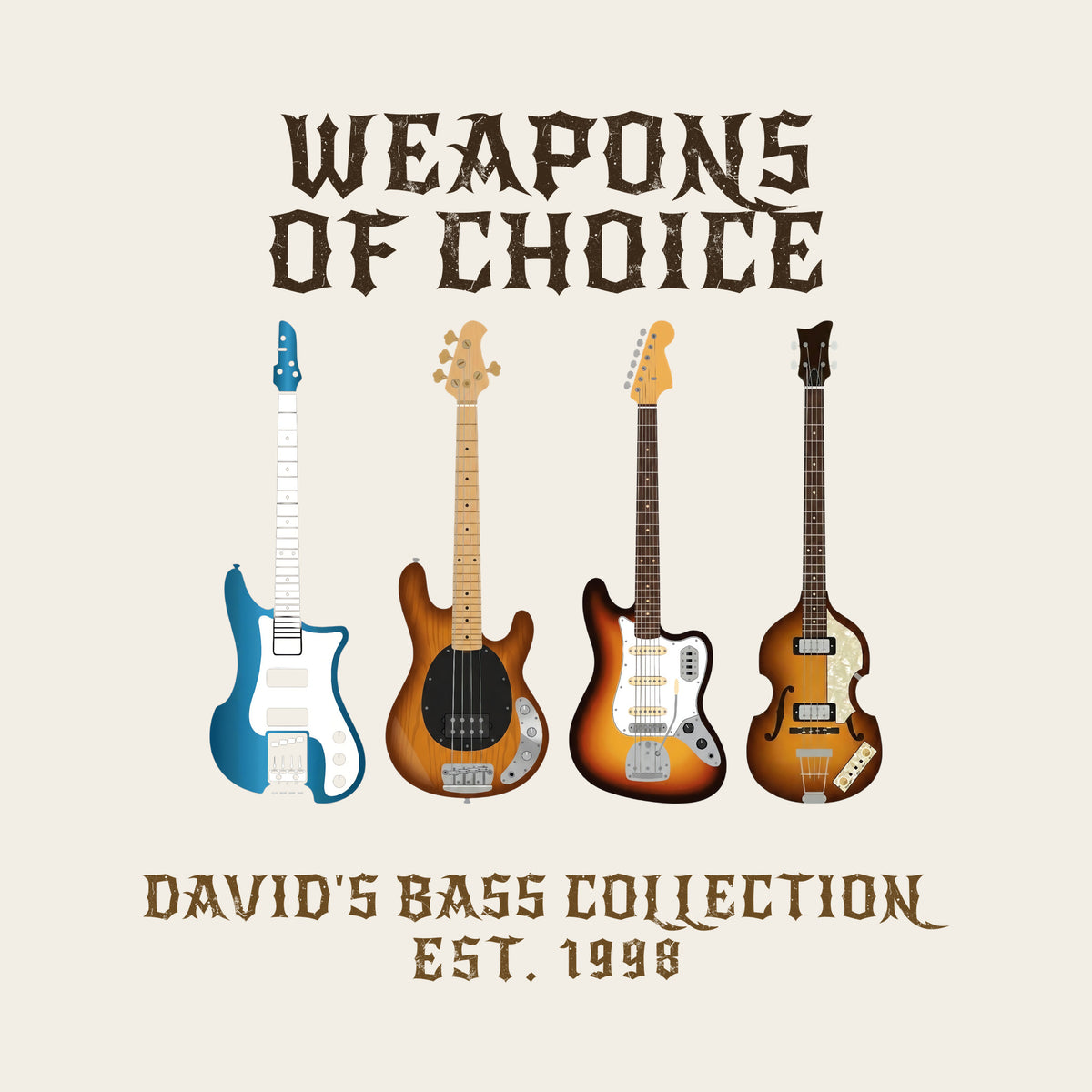 Weapons of Choice Bass Guitar Collection design artwork on its own, personalized with your details