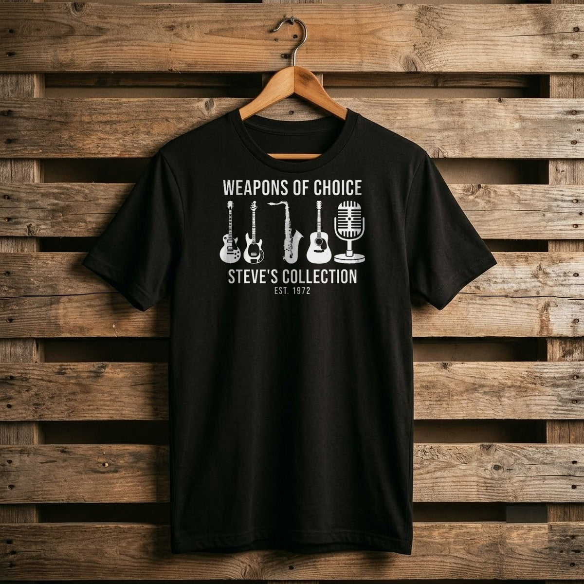 Black personalized shirt with a row of mixed white instrument silhouettes, name and year