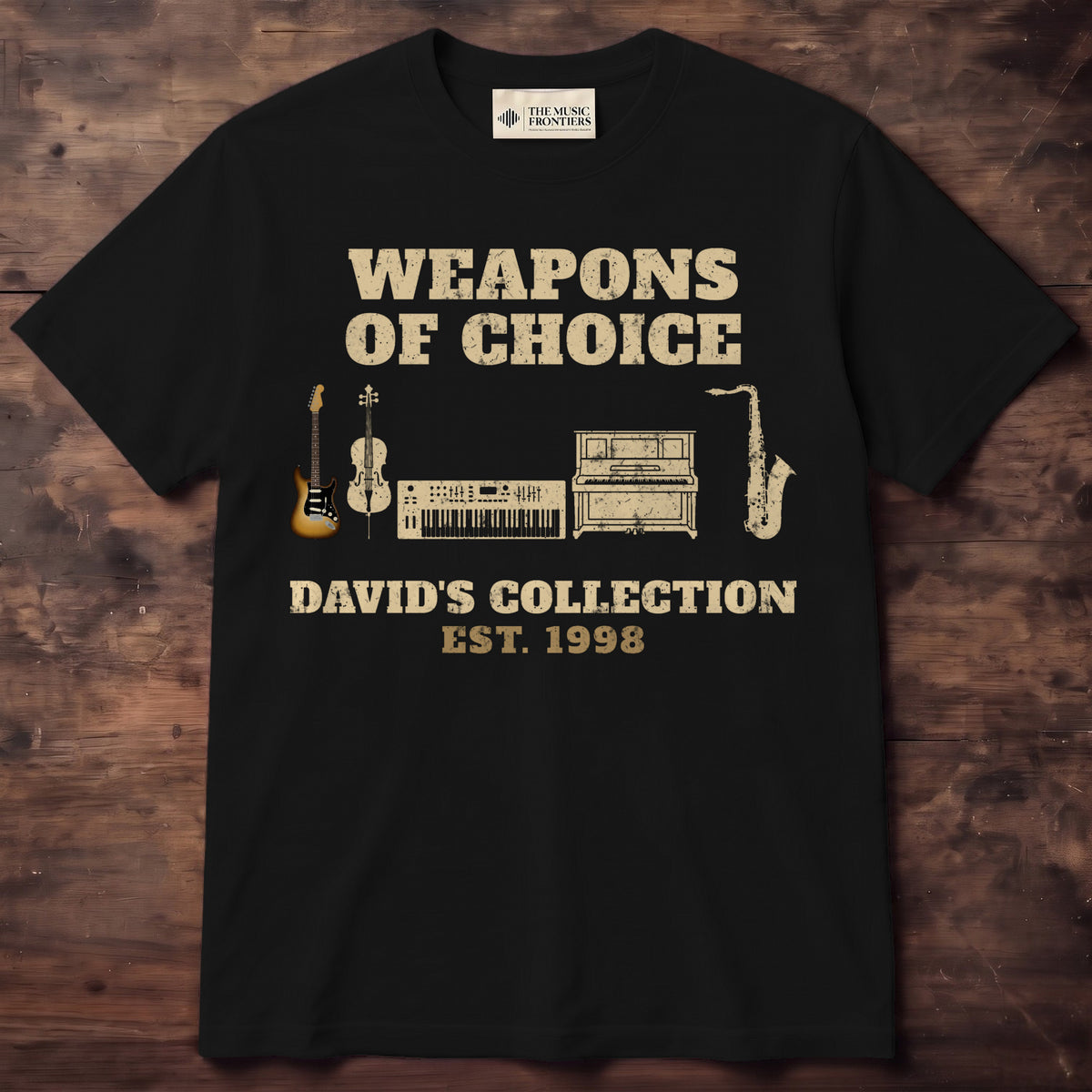 Black t-shirt with the personalized Weapons of Choice Mixed Instrument Collection design
