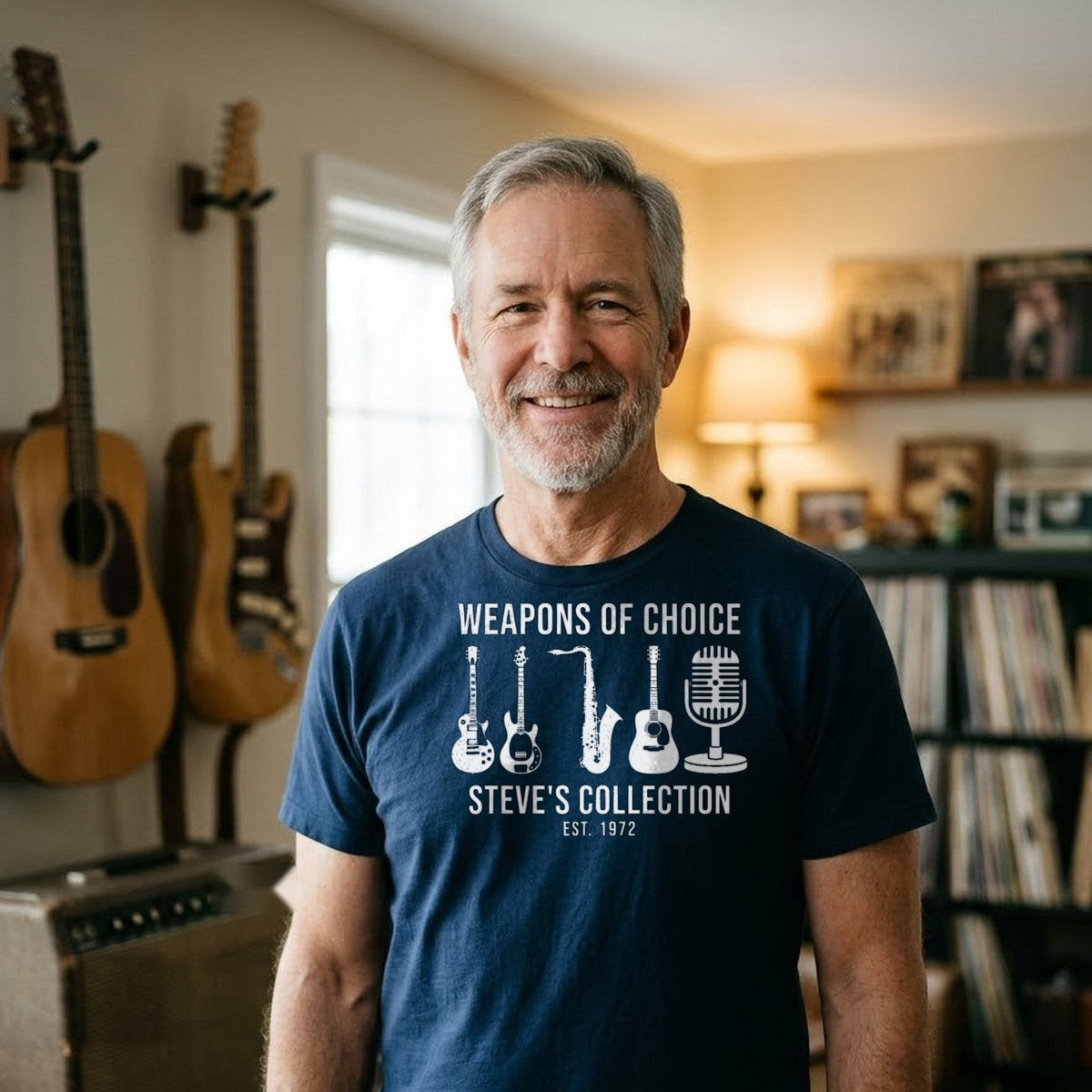 Weapons of Choice Personalized Mixed Instrument Collection Shirt - man wearing the navy T-shirt