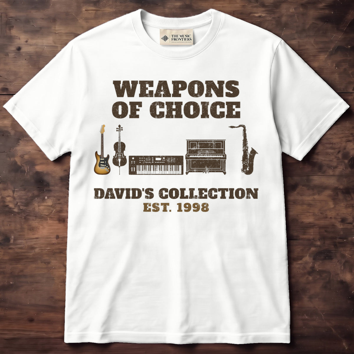 White t-shirt with the personalized Weapons of Choice Mixed Instrument Collection design
