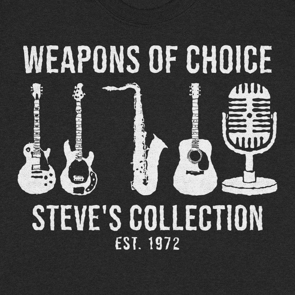 Weapons of Choice Personalized Mixed Instrument Collection Shirt - Close-up of the print on the black shirt