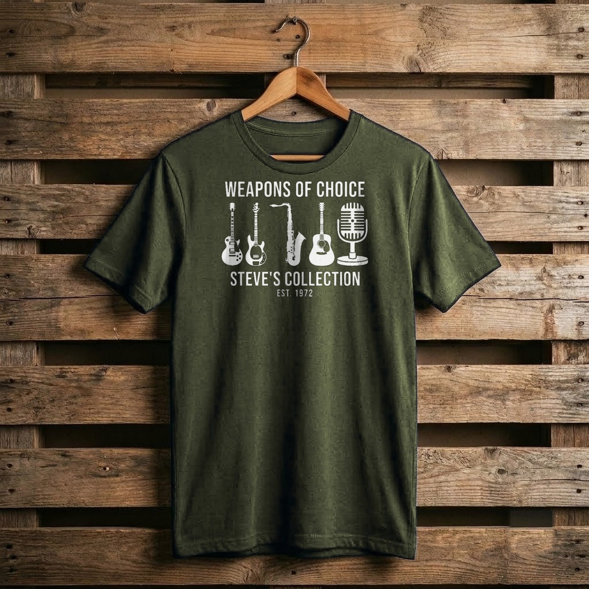Weapons of Choice Personalized Mixed Instrument Collection Shirt - military green T-shirt on a hanger
