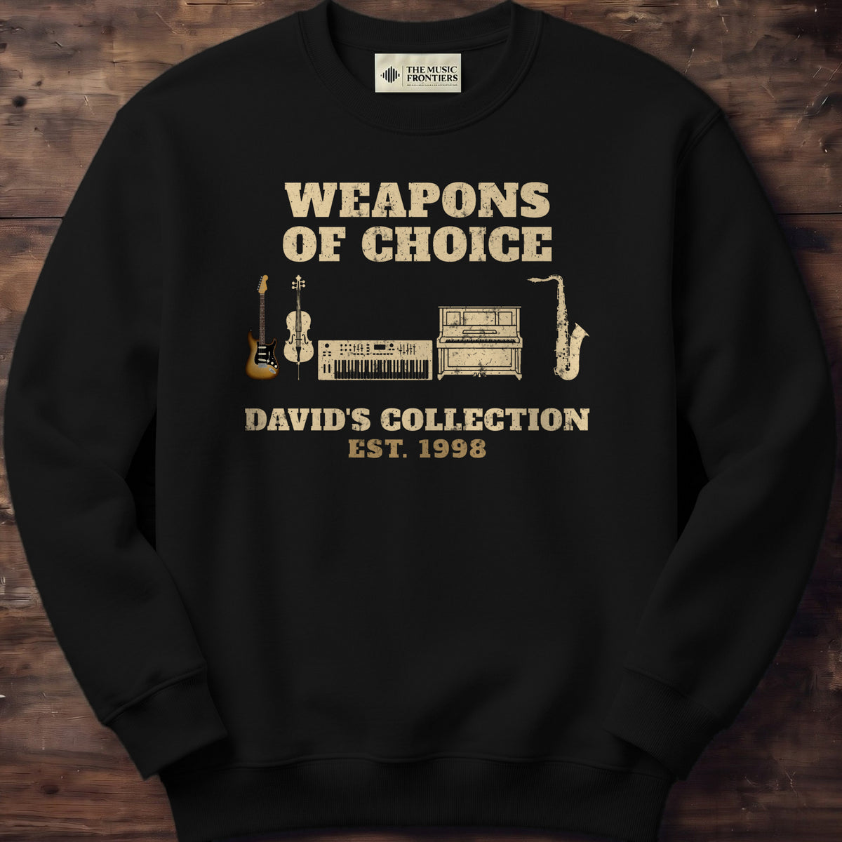 Black sweatshirt with the personalized Weapons of Choice Mixed Instrument Collection design
