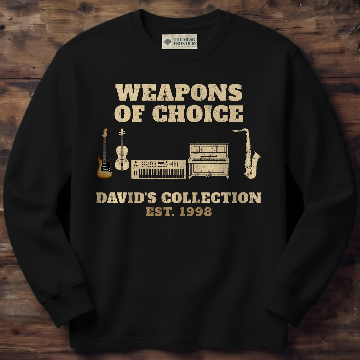 Black long sleeve shirt with the personalized Weapons of Choice Mixed Instrument Collection design