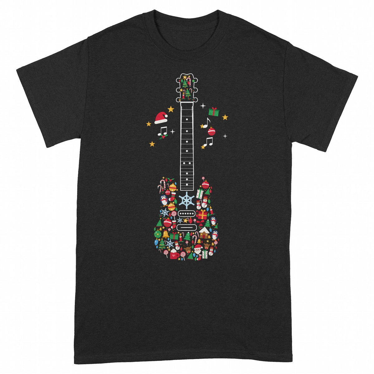 Christmas Icons Guitar Personalized Shirt – Merry Christmas Music Gift - Black classic tee, front