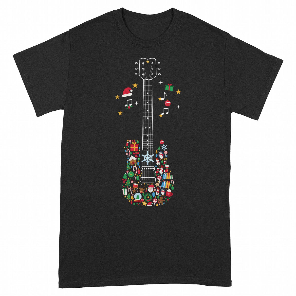 Christmas Icons Guitar Personalized Shirt – Merry Christmas Music Gift - Black classic tee, front