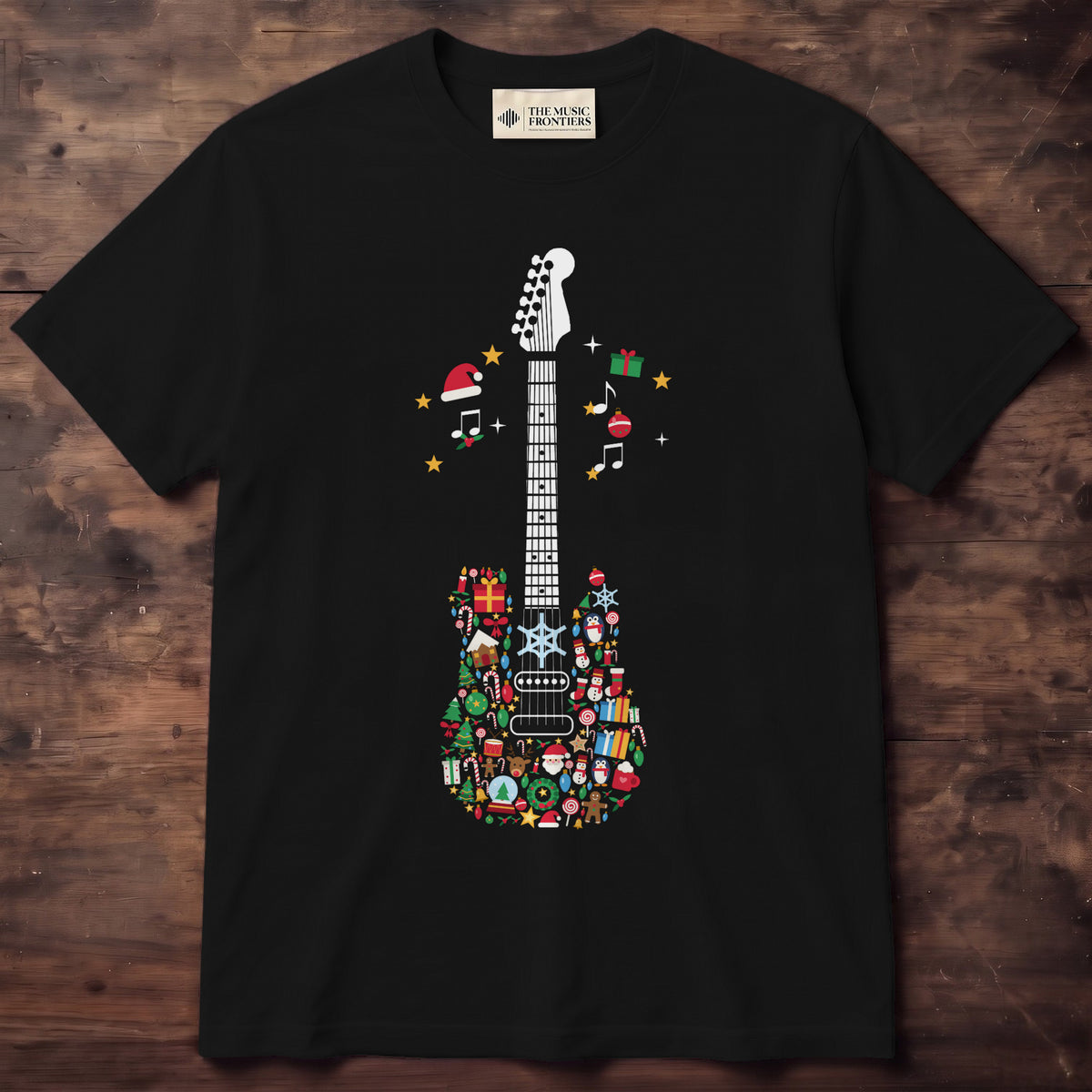 Black t-shirt with the personalized Christmas Icons Guitar design