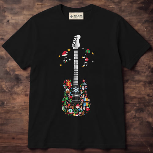 Black t-shirt with the personalized Christmas Icons Guitar design