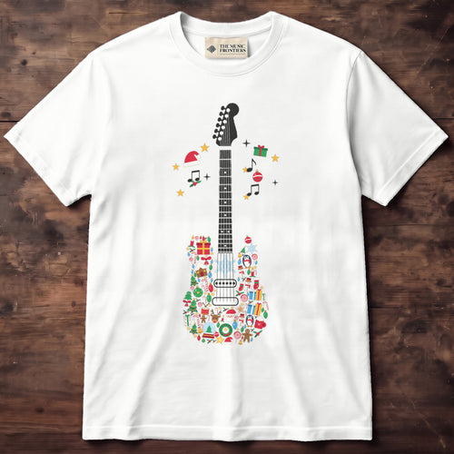 White t-shirt with the personalized Christmas Icons Guitar design