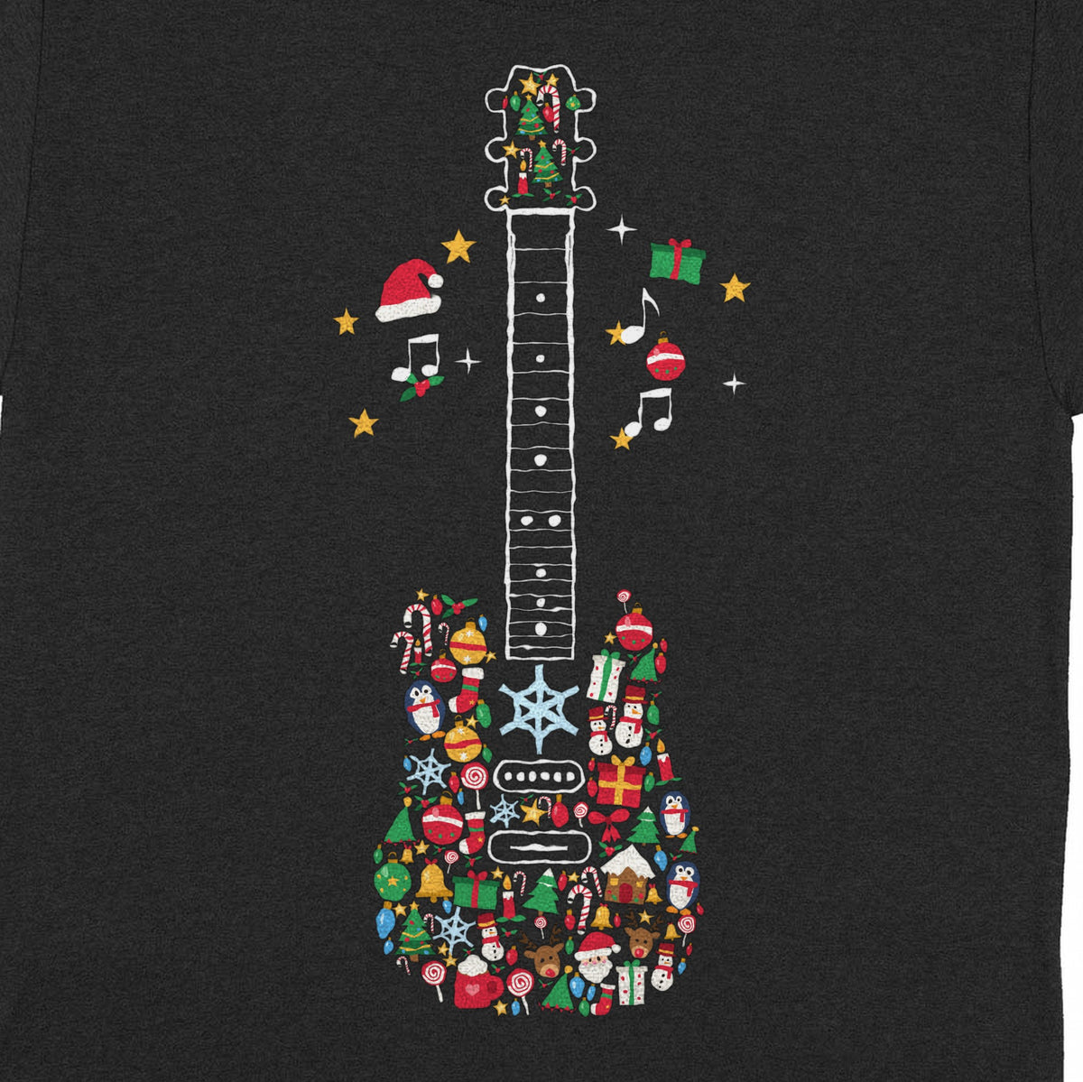 Christmas Icons Guitar Personalized Shirt – Merry Christmas Music Gift - close-up of the print on the black shirt